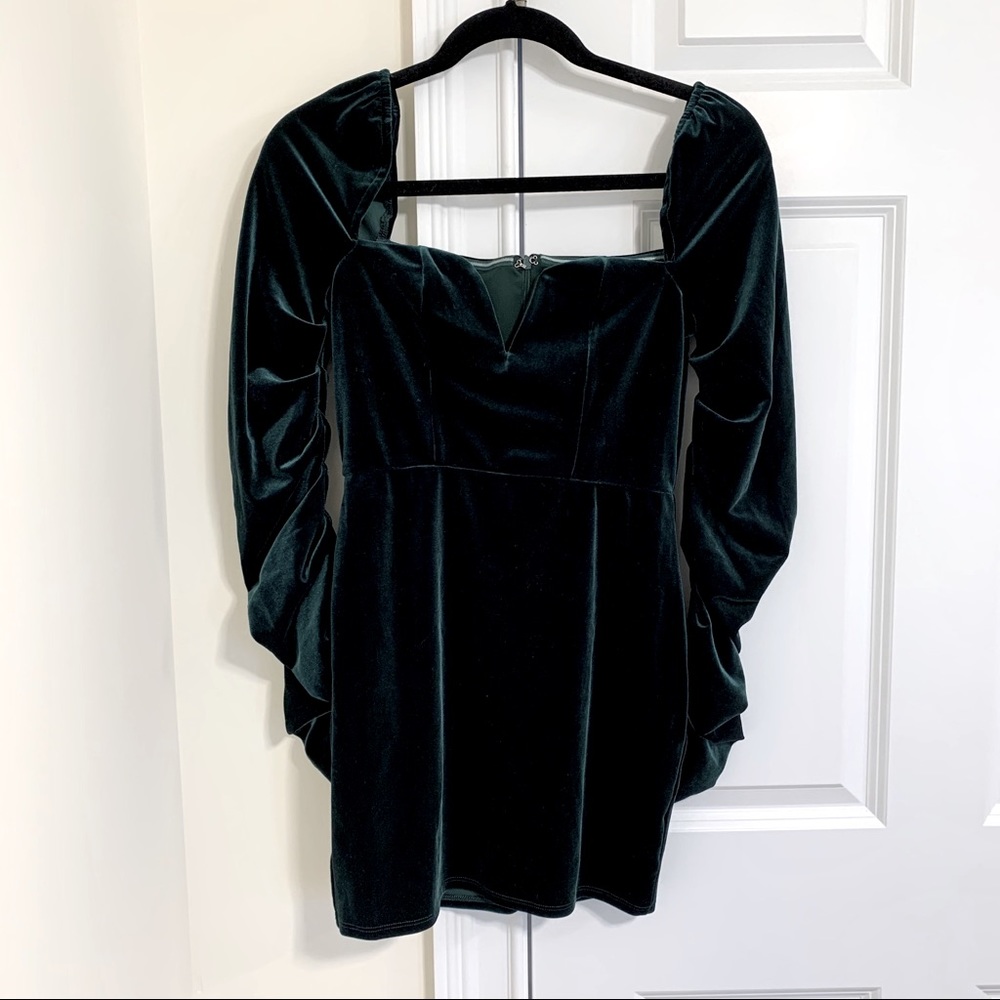 Emerald Green Velvet Ruched Sleeve Mini Dress
